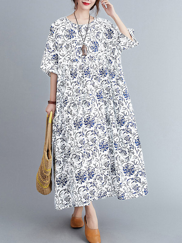 Vintage Floral Round-Neck Dress