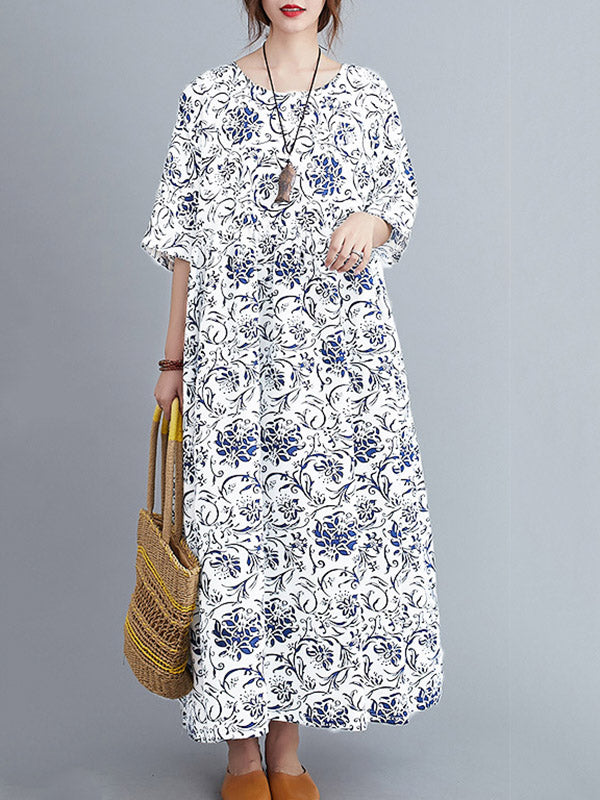 Vintage Floral Round-Neck Dress