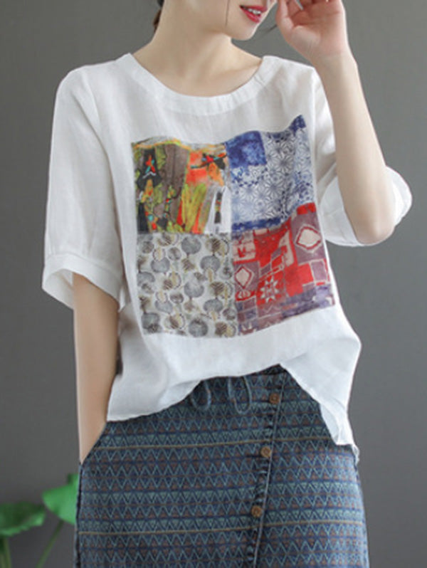 Artistic Retro Split-Joint Printed T-Shirts Tops