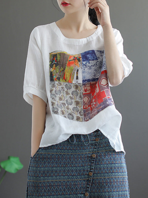 Artistic Retro Split-Joint Printed T-Shirts Tops