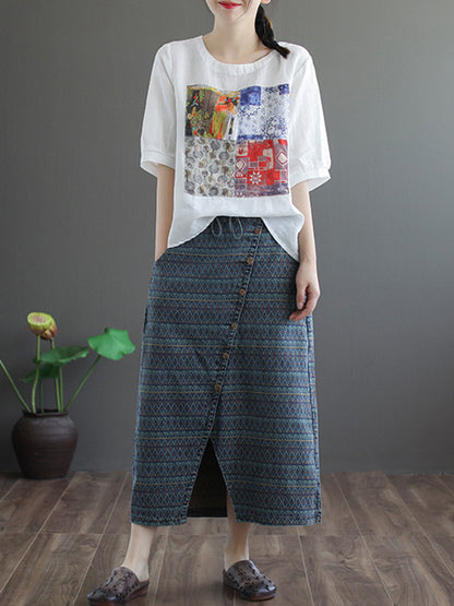 Artistic Retro Split-Joint Printed T-Shirts Tops