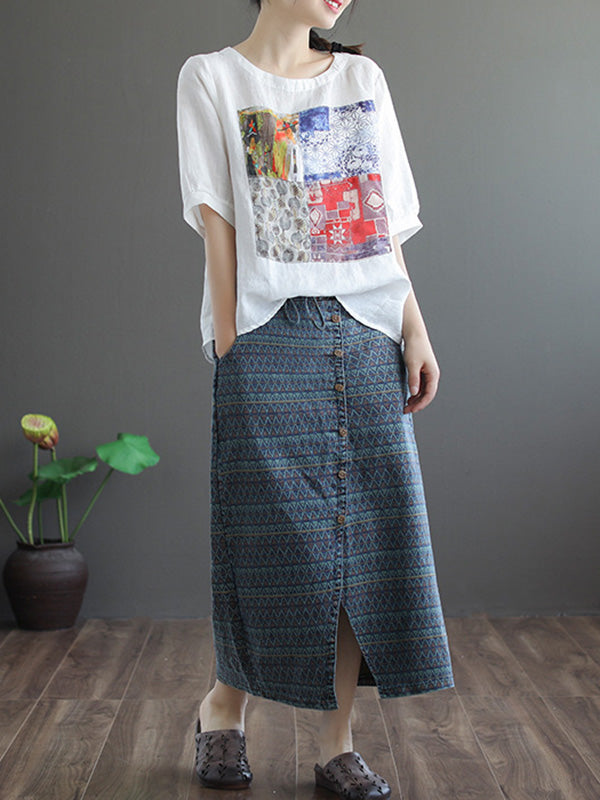 Artistic Retro Split-Joint Printed T-Shirts Tops