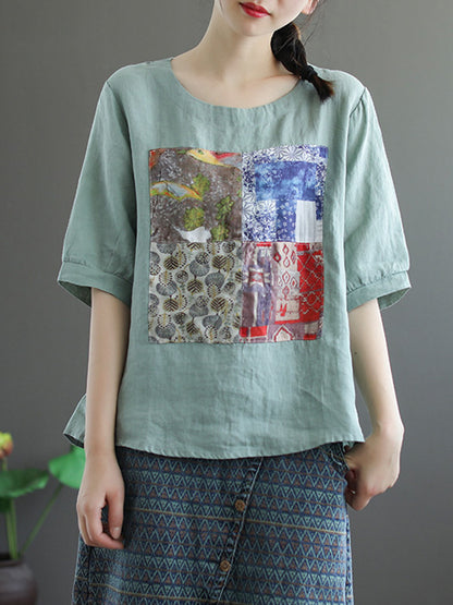 Artistic Retro Split-Joint Printed T-Shirts Tops