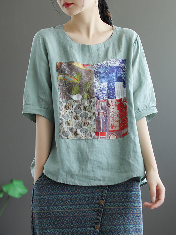 Artistic Retro Split-Joint Printed T-Shirts Tops