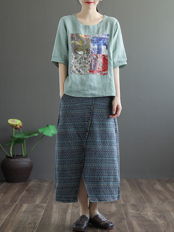 Artistic Retro Split-Joint Printed T-Shirts Tops