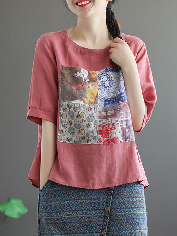 Artistic Retro Split-Joint Printed T-Shirts Tops