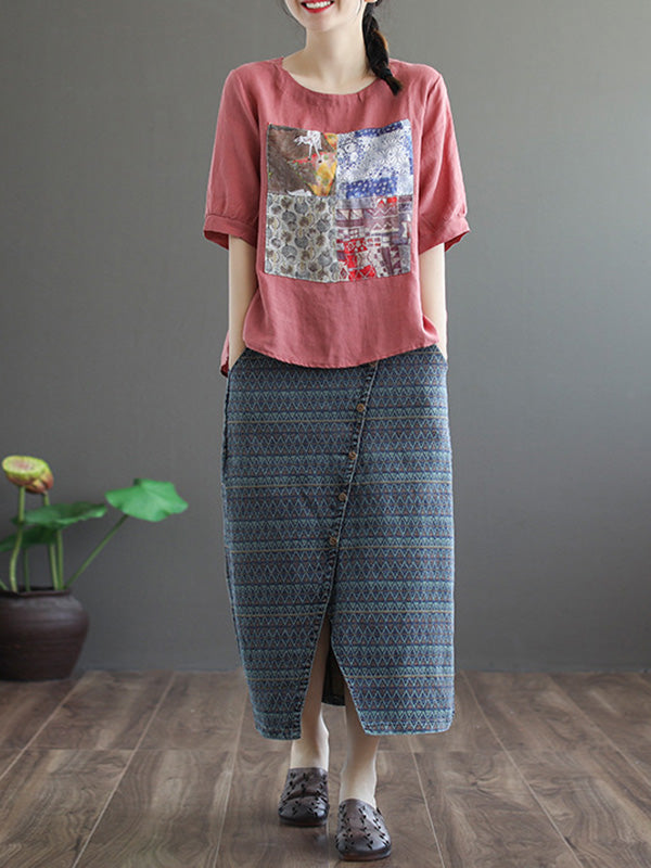 Artistic Retro Split-Joint Printed T-Shirts Tops