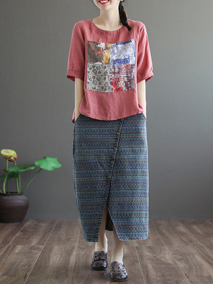 Artistic Retro Split-Joint Printed T-Shirts Tops