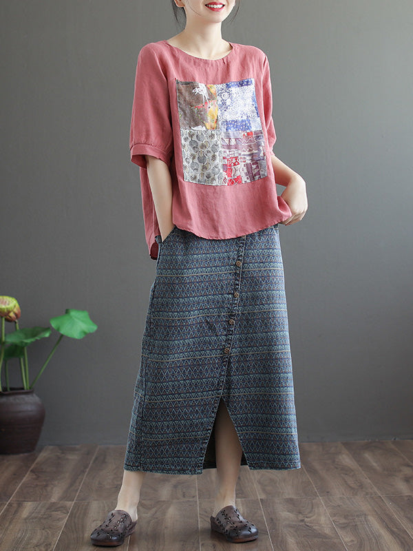 Artistic Retro Split-Joint Printed T-Shirts Tops