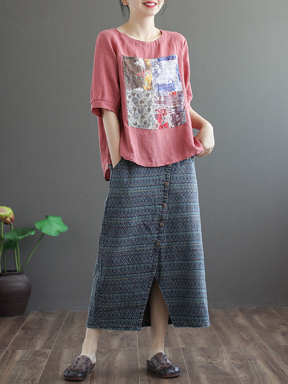 Artistic Retro Split-Joint Printed T-Shirts Tops