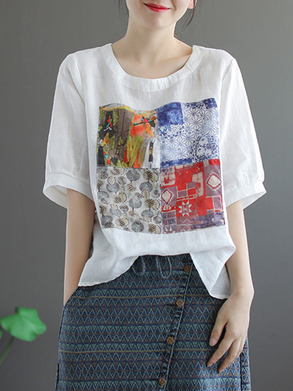 Artistic Retro Split-Joint Printed T-Shirts Tops