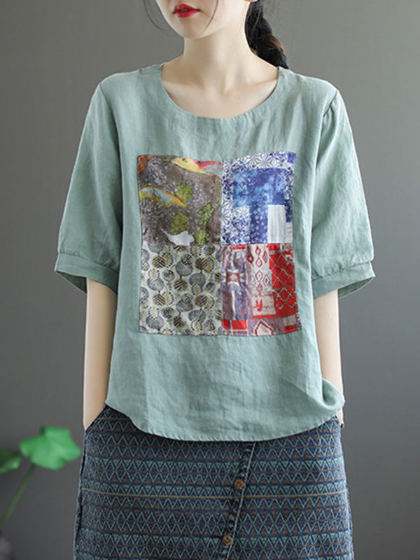 Artistic Retro Split-Joint Printed T-Shirts Tops