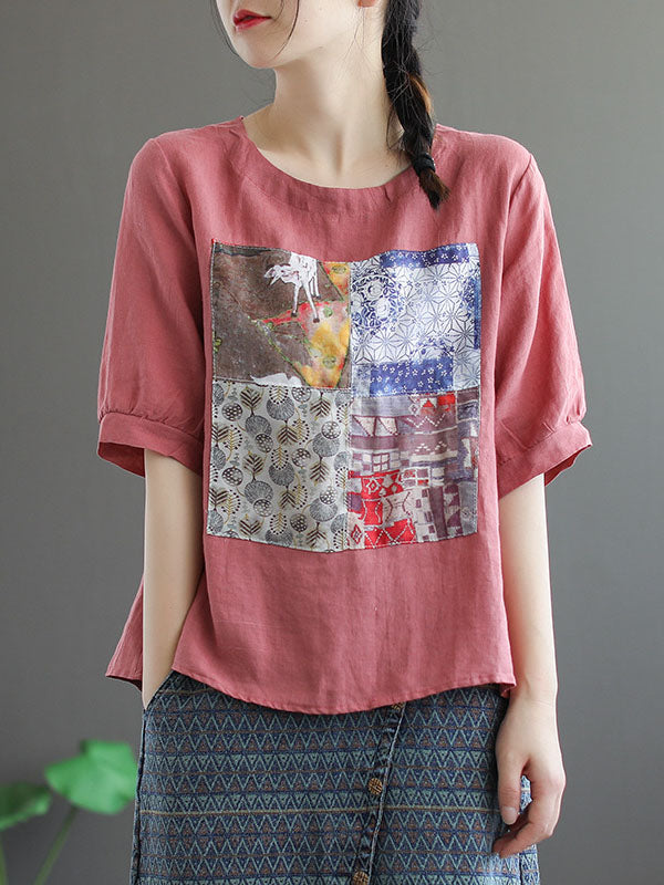 Artistic Retro Split-Joint Printed T-Shirts Tops