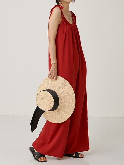 Original Solid Pleats Cropped Suspender Jumpsuits