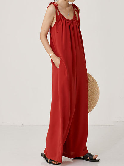 Original Solid Pleats Cropped Suspender Jumpsuits