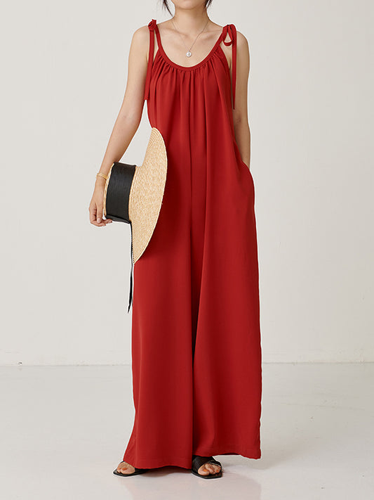 Original Solid Pleats Cropped Suspender Jumpsuits