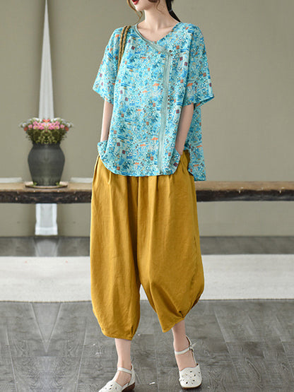 Artistic Retro Drawstring Elasticity Solid Pants
