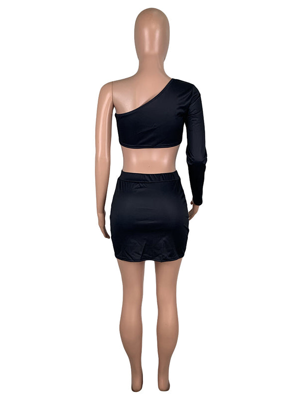 Printed Letters One-Shoulder Tees&Skirts Suits