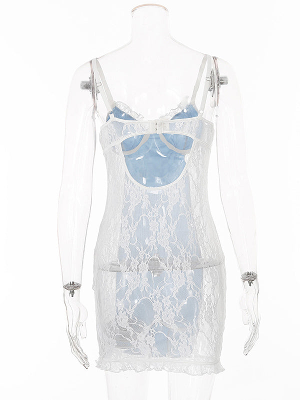 Sexy Lace Split-Joint Ruffled Underwired Mini Dress Nightdress