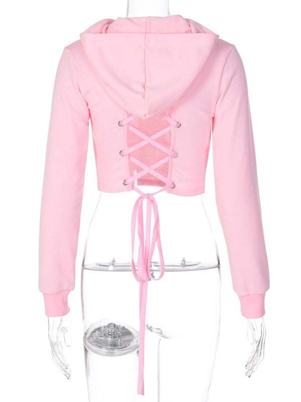 Solid Color Back Bandage Exposed Navel Hoodies&Sweatshirt