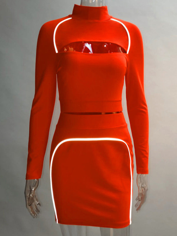 Fluorescence Long Sleeves Hollow Tees&Skirts Suits