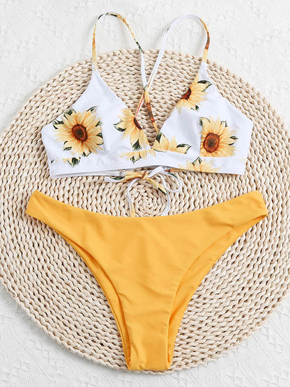 Sunflower Bandage Backless Split Bikini Swimsuit
