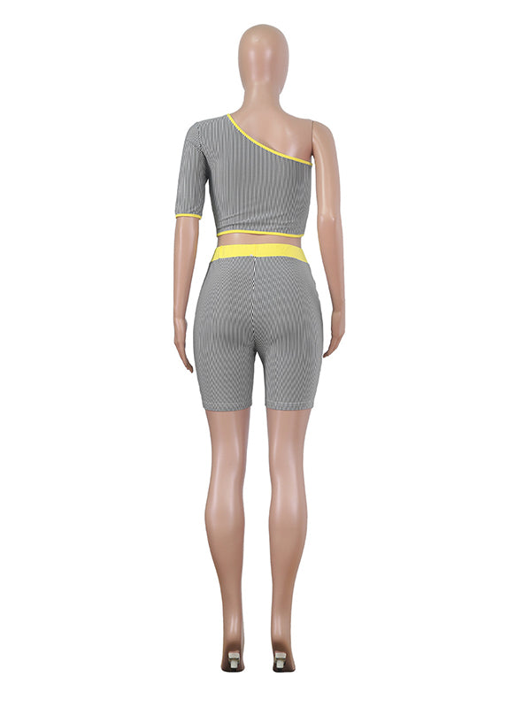 Striped One-Shoulder Exposed Navel Tees&Shorts Suits