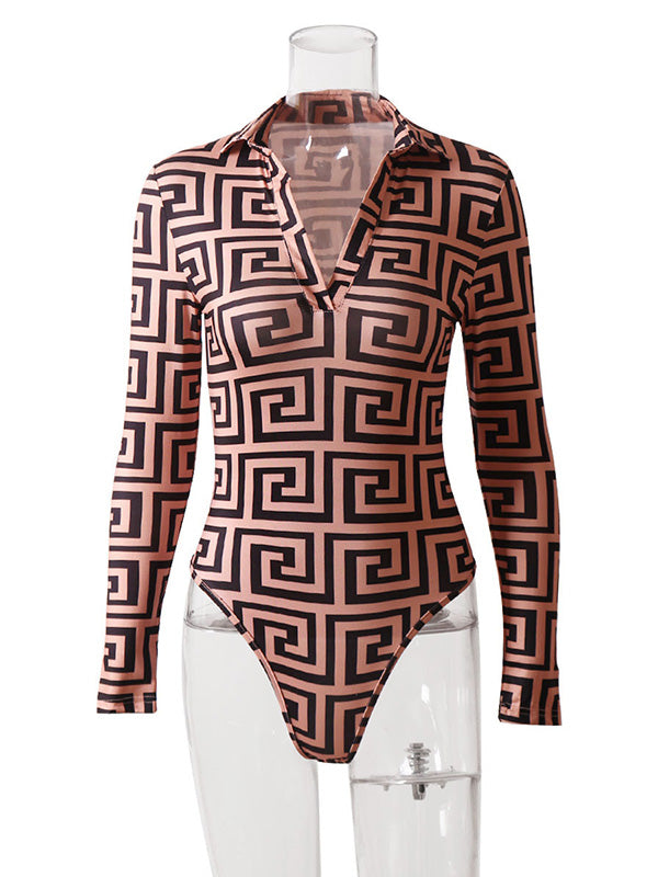 Sexy Long Sleeves Printed V-Neck Bodysuits
