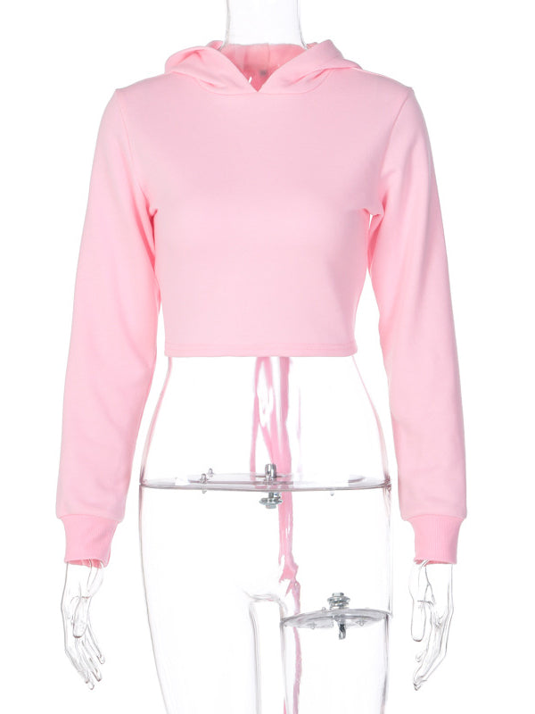 Solid Color Back Bandage Exposed Navel Hoodies&Sweatshirt