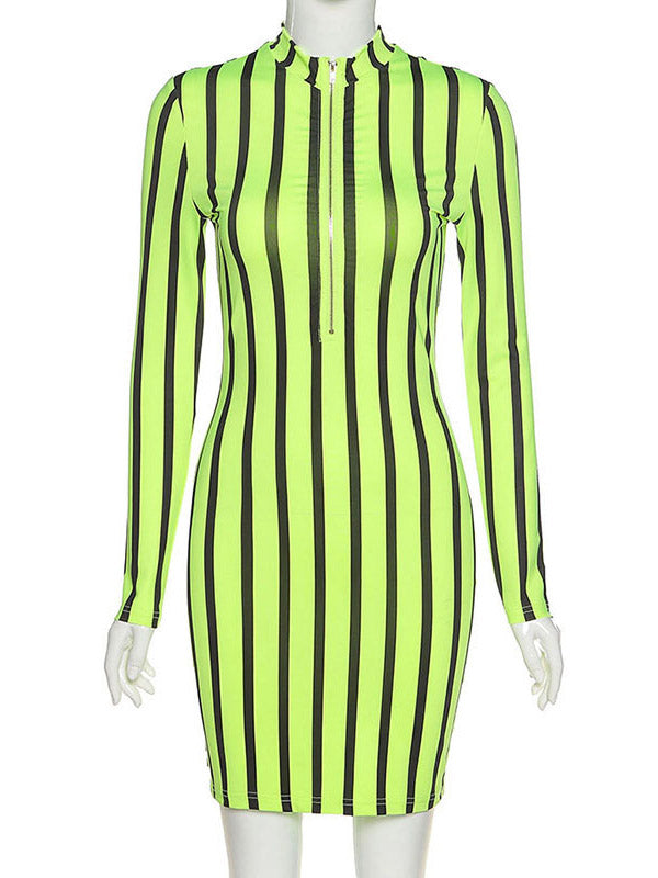 Sexy Fluorescent Striped Long Sleeves Mini Dresses