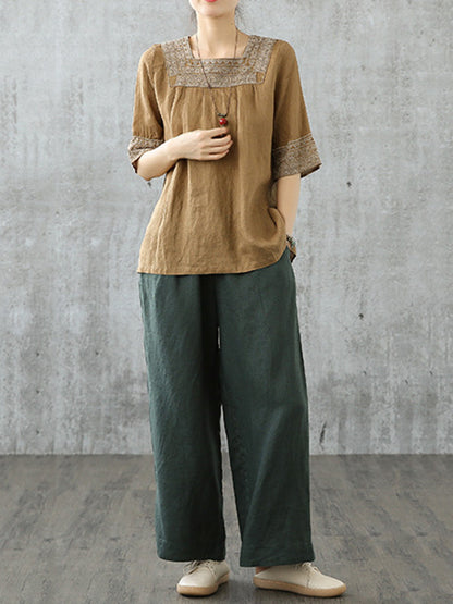 Casual Square-Cut Collar National T-Shirts