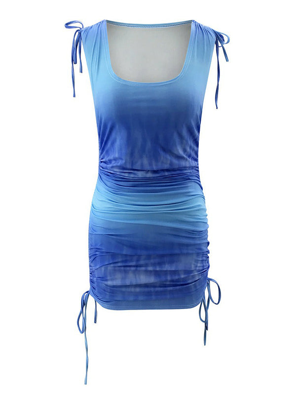 Drawstring Sleeveless Ruffled Mini Dresses