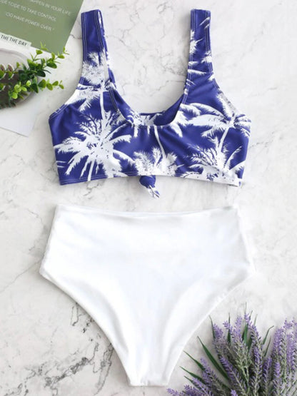 Floral-Print Color-Block U-Neck Split Bikini Swimsuit