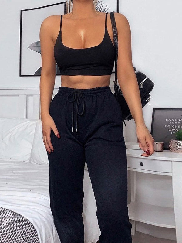 Solid Color Spaghetti-Neck Exposed Navel Tanks&Pants Suits