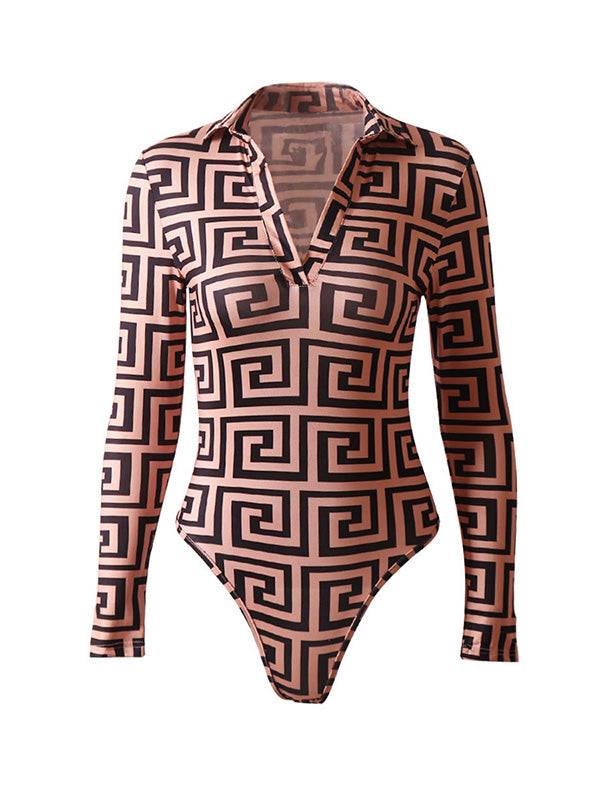 Sexy Long Sleeves Printed V-Neck Bodysuits