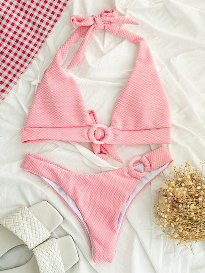 Jacquard Fabric Solid Color Embellished Halterneck Split Bikini Swimsuit