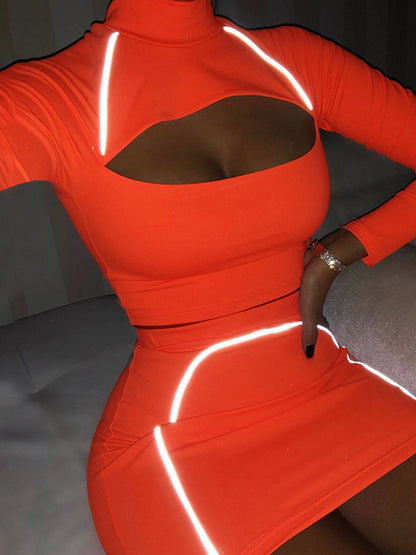 Fluorescence Long Sleeves Hollow Tees&Skirts Suits