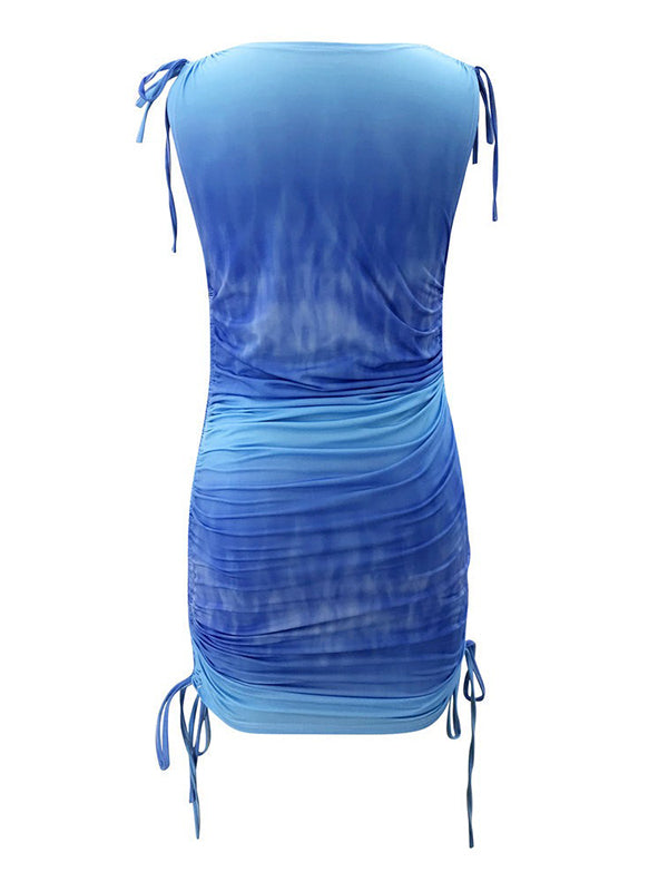 Drawstring Sleeveless Ruffled Mini Dresses