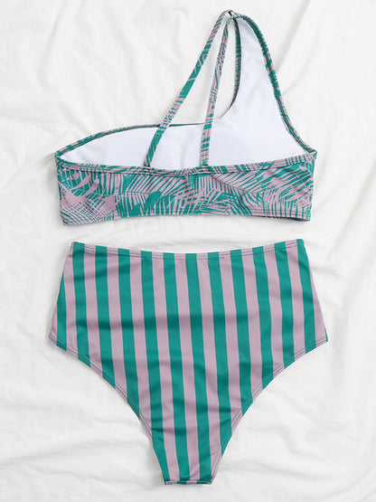 Floral-Print Color-Block One-Shoulder Split Bikini Swimsuit