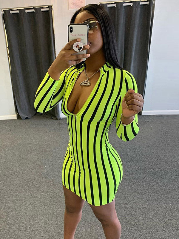 Sexy Fluorescent Striped Long Sleeves Mini Dresses