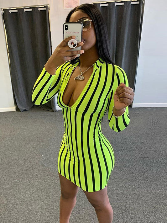 Sexy Fluorescent Striped Long Sleeves Mini Dresses