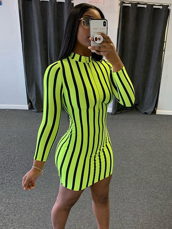 Sexy Fluorescent Striped Long Sleeves Mini Dresses