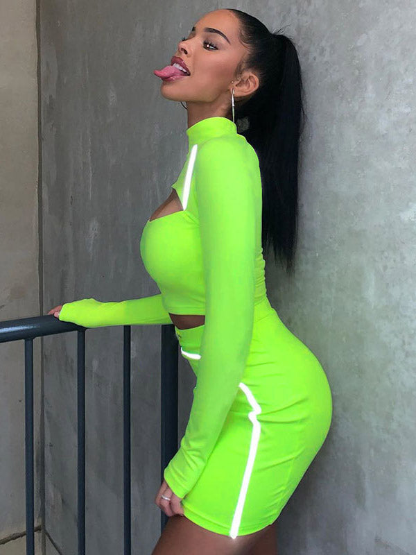 Fluorescence Long Sleeves Hollow Tees&Skirts Suits