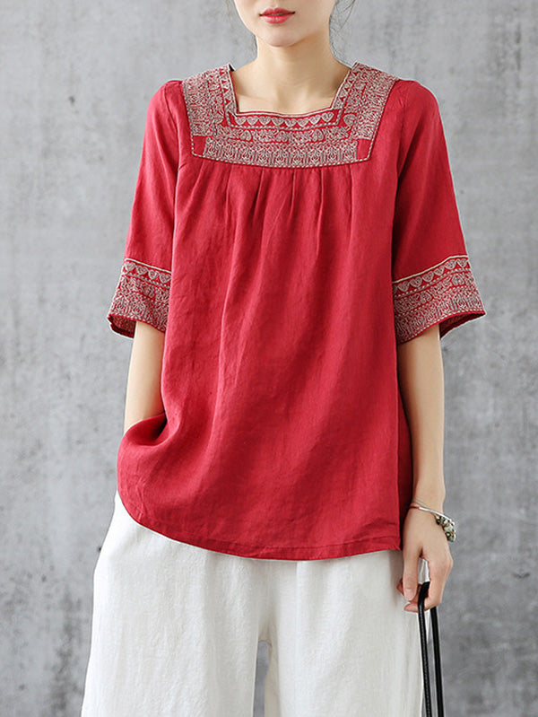 Casual Square-Cut Collar National T-Shirts