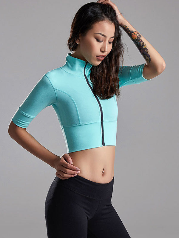 Solid Color Wrap Zipper Exposed Navel Tees