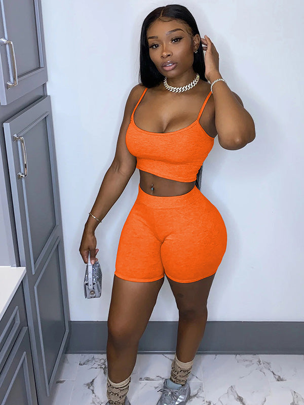 Solid Color Spaghetti-Neck Bra&Shorts Suits