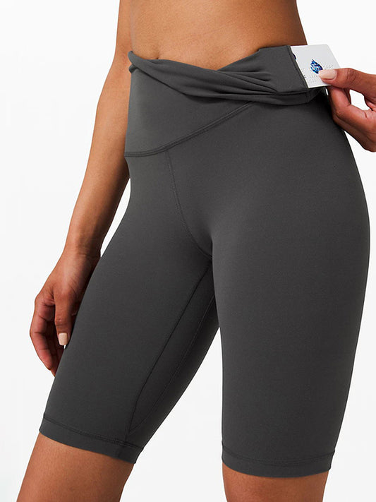 Solid Color Wrap High-Waisted Sports Shorts