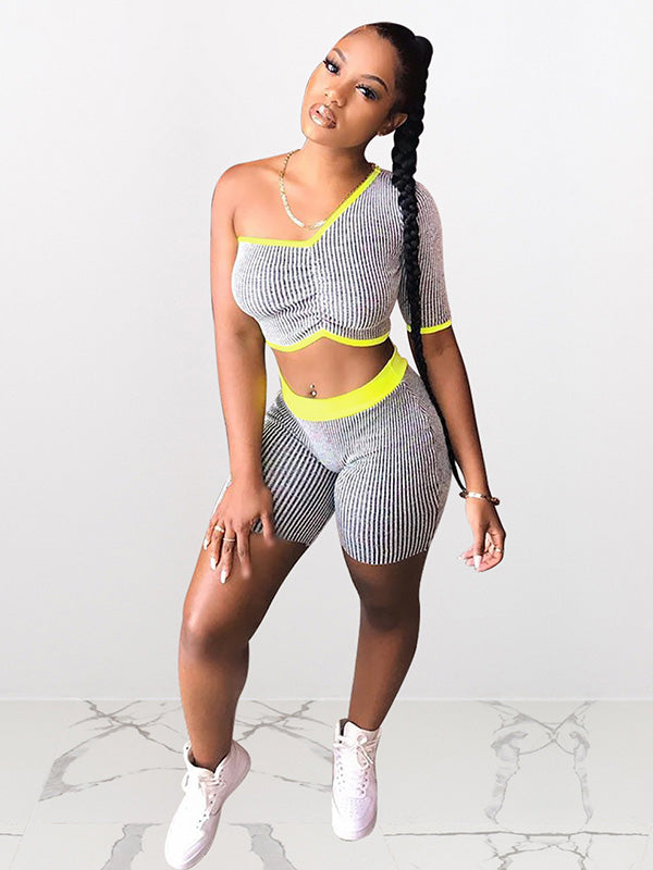 Striped One-Shoulder Exposed Navel Tees&Shorts Suits