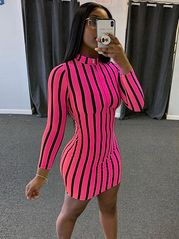 Sexy Fluorescent Striped Long Sleeves Mini Dresses