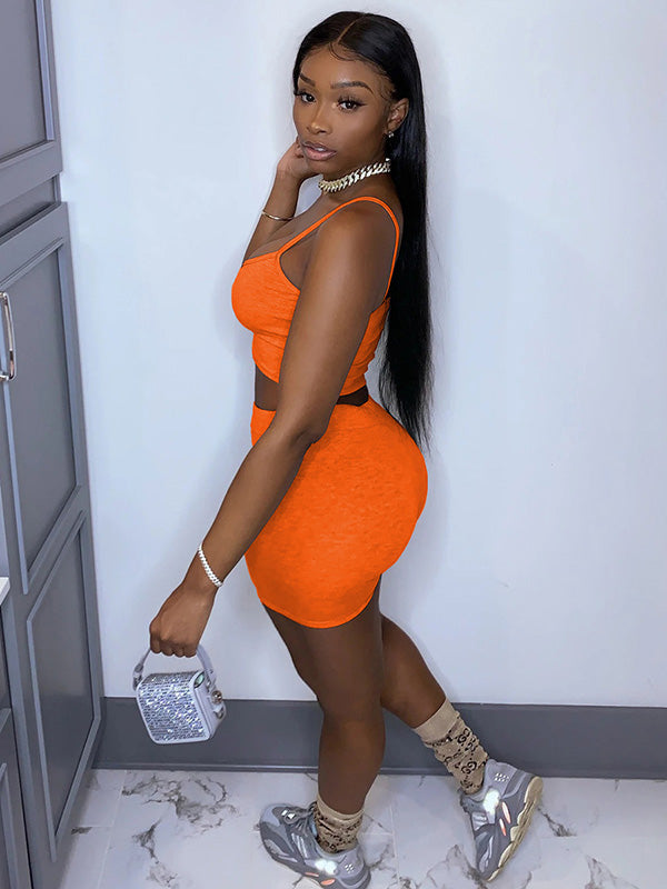 Solid Color Spaghetti-Neck Bra&Shorts Suits